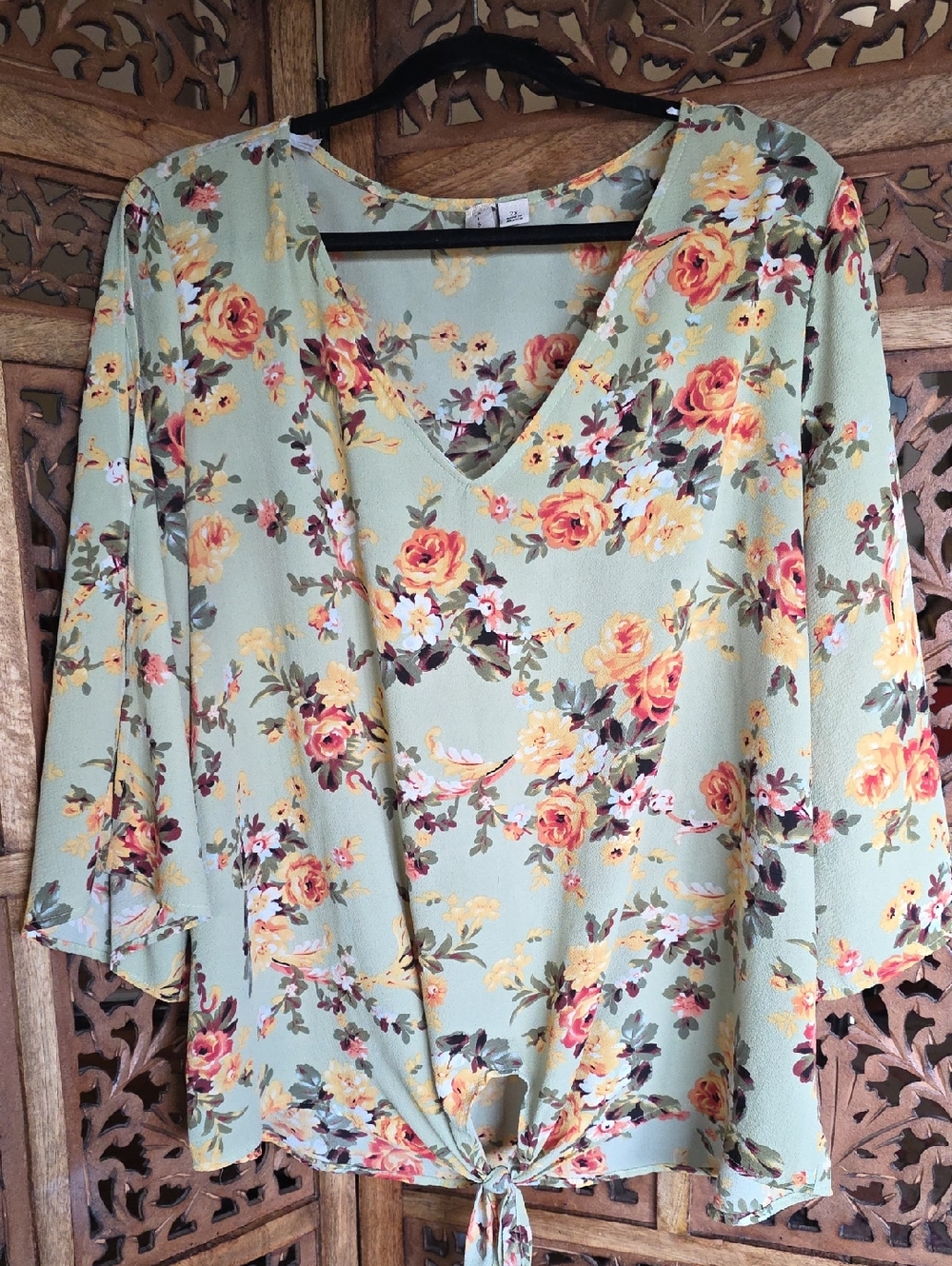 Misia Sage Green Floral Tie-Front V-Neck Blouse